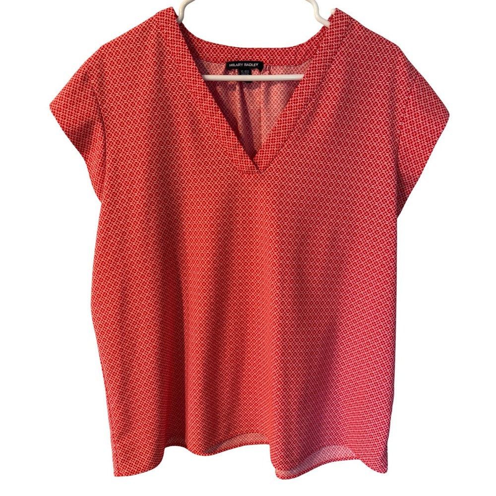 Hilary Radley Red White Geometric Print V-Neck Blouse XL Short Sleeve Top